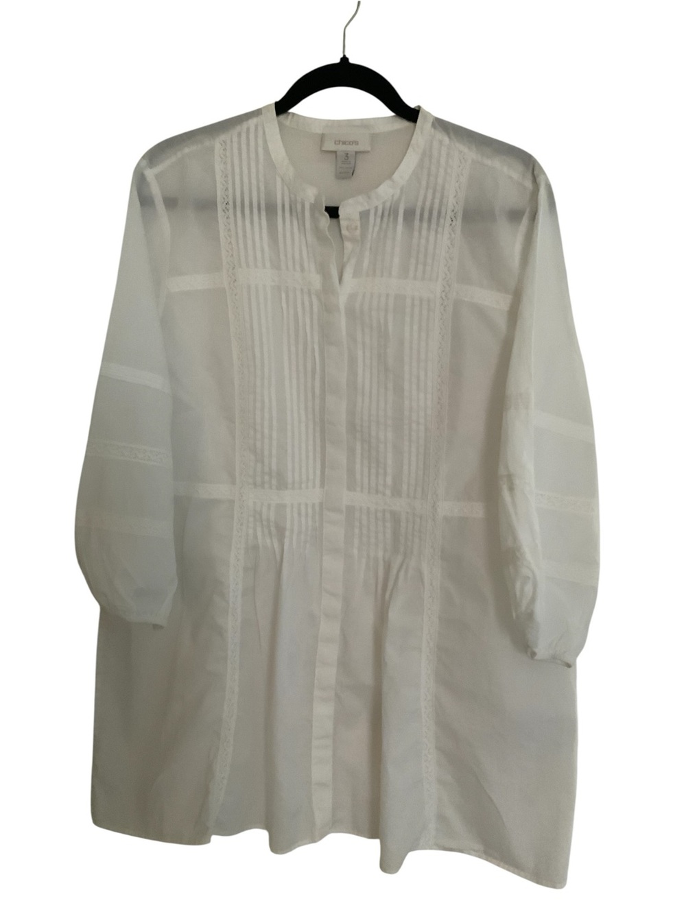 Chico's Long Pleated Peasant Tunic 3/4 Sleeve Cotton White 3/XL